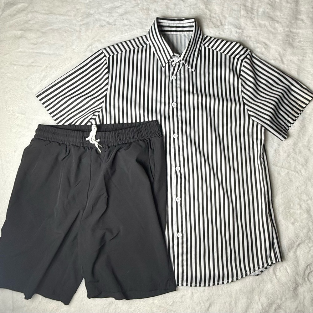 SHEIN Black and White Striped Button-Up Top & Shorts
